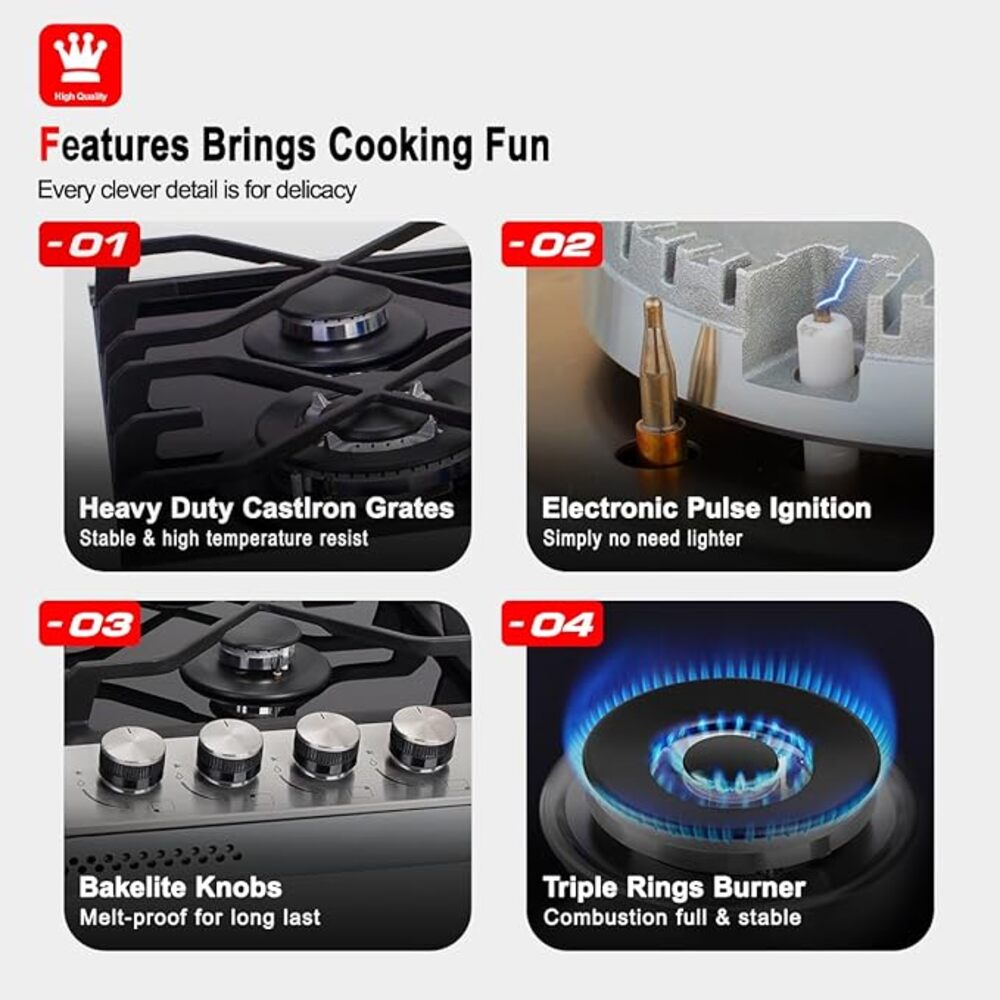 GASLAND 24" 4 Burner Tempered Glass Gas Cooktop