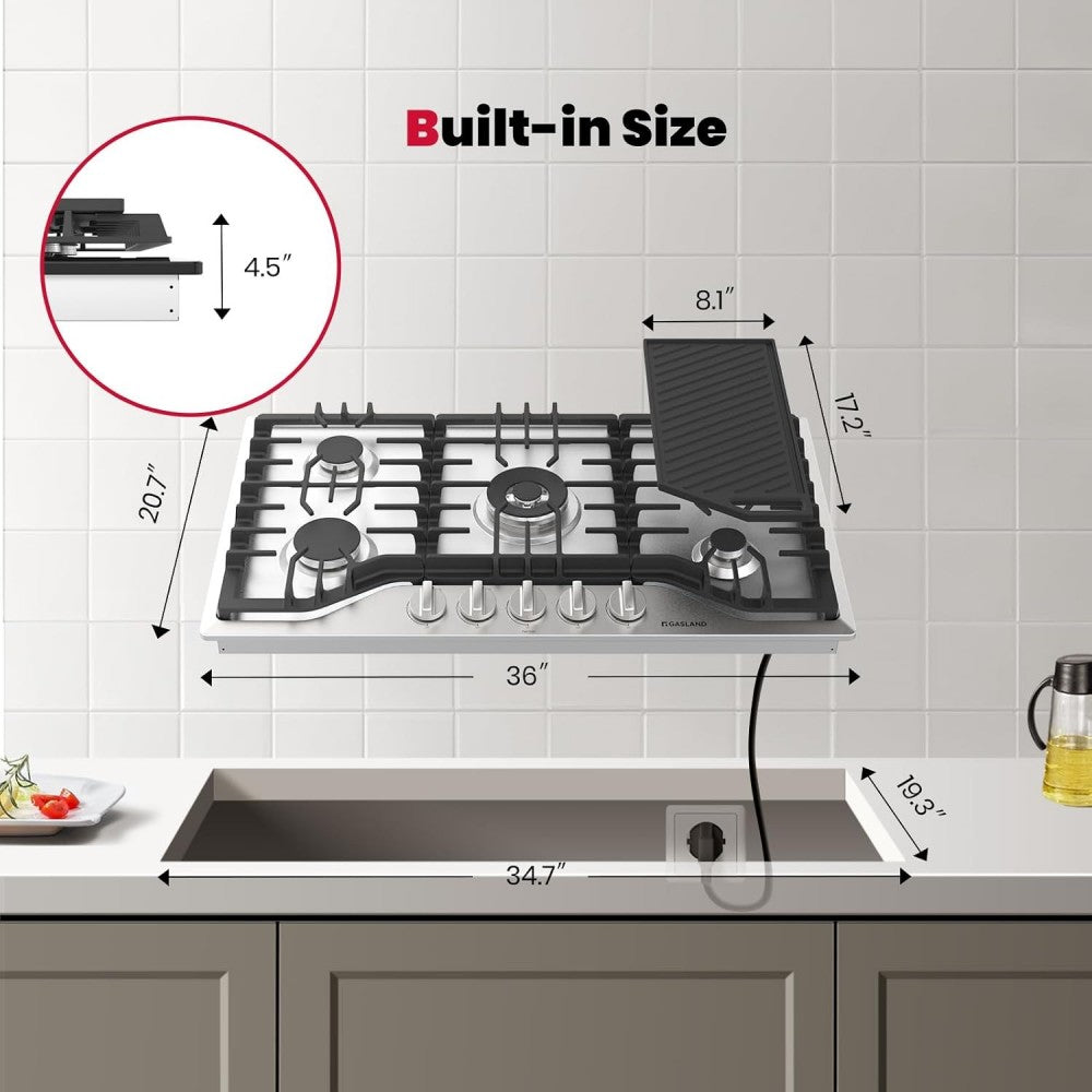 36" 5 Burner Stainless Steel Gas Cooktop with Griddle