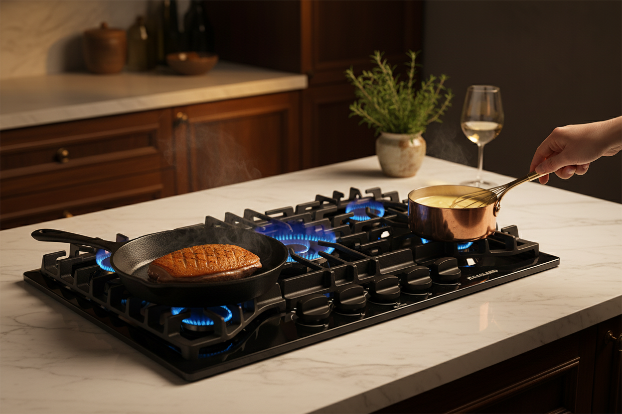 GASLAND GH3305EF gas cooktop with hollandaise simmering on low burner and duck breast searing on griddle