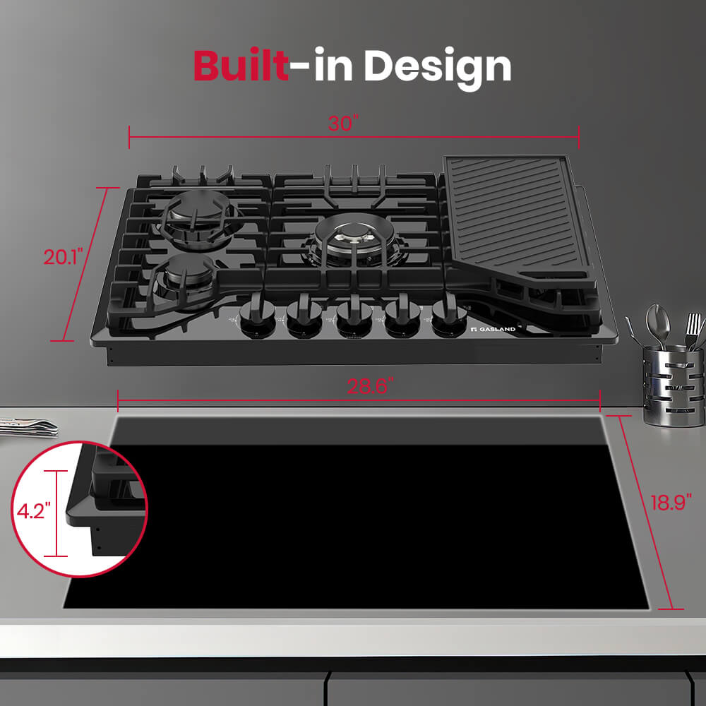 30" 5 Burner Glass Gas Cooktop with Griddle