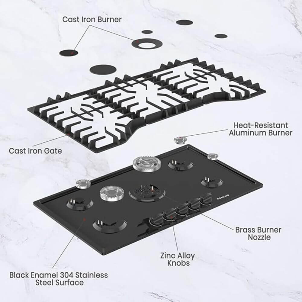 GASLAND 36 Inch 5 Burner Black Enamel Wok Burner Gas Cooktop for Wholesale