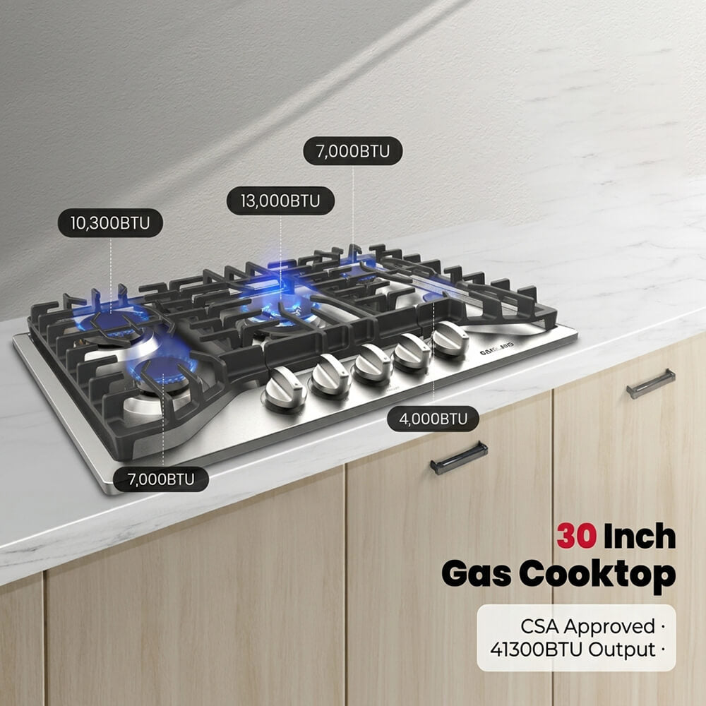 30" 5 Burner Stainless Steel Gas Cooktop with Griddle