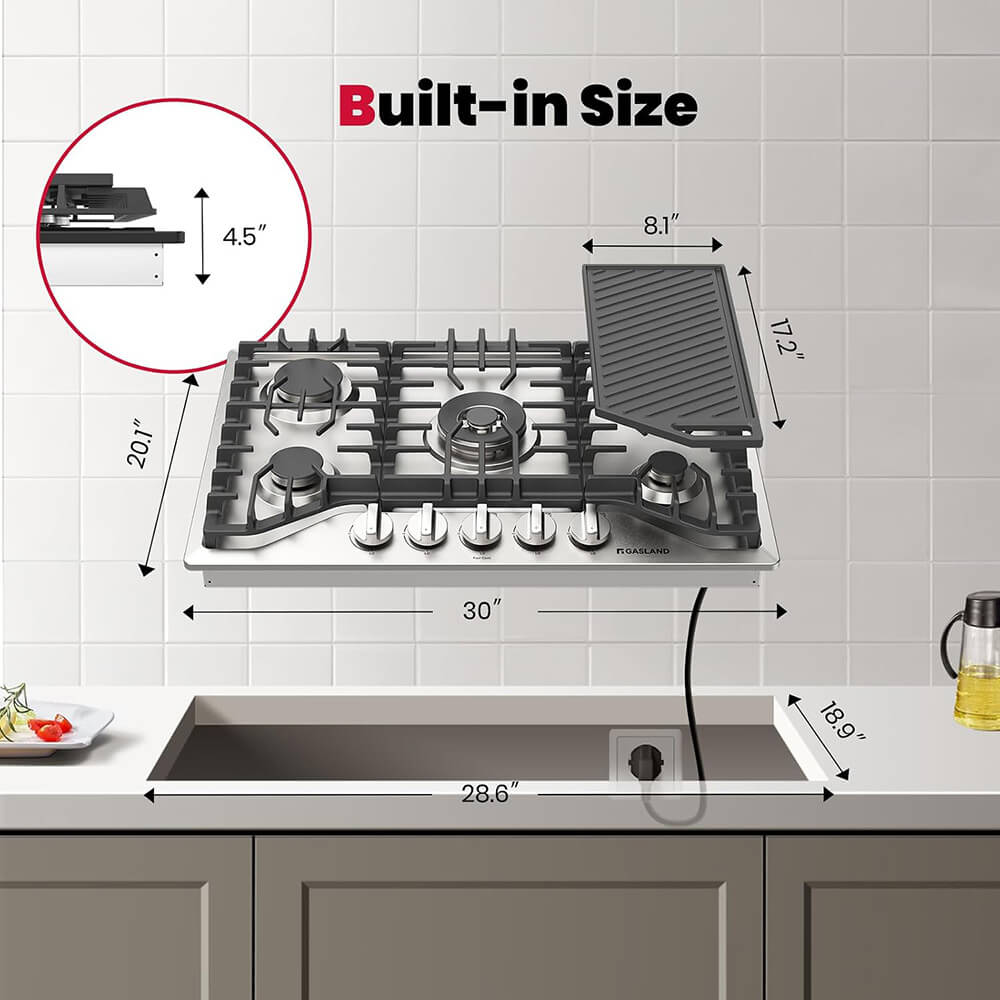 30" 5 Burner Stainless Steel Gas Cooktop with Griddle
